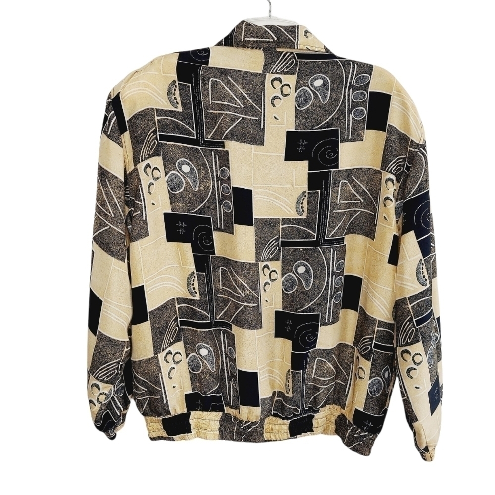 Vintage Fuda International Woman's Large Silk Bomber Jacket Geometric Black 90s - Picture 4 of 13